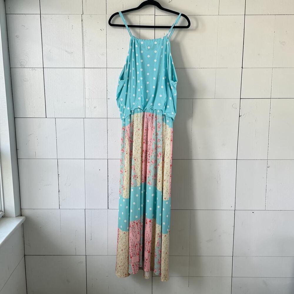 Lily by Firmiana Patchwork Floral Polka Dot Maxi Dress XL NWT Blue Pink